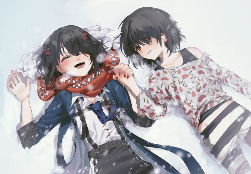 2boys, absurdres, androgynous, black_hair, blue_coat, closed_eyes, coat, commentary_request