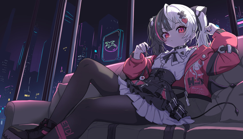 1girl, ahoge, black_hair, black_pantyhose, black_skirt, blush, cityscape, closed_mouth