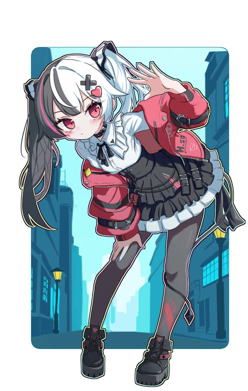 1girl, ankle_boots, arm_up, belt_collar, black_choker, black_hair, black_pantyhose, black_shoes