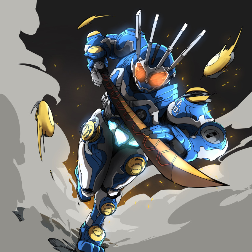 1boy, antennae, armor, belt, blue_armor, blue_helmet, drone, dust, dust_cloud, helmet, highres, holding, holding_sword, holding_weapon, horns, kamen_rider, kamen_rider_agito_(series), kamen_rider_g7, katana, male_focus, naitsupic, non-humanoid_robot, power_armor, red_eyes, rider_belt, robot, running, solo, standing, sword, tokusatsu, weapon