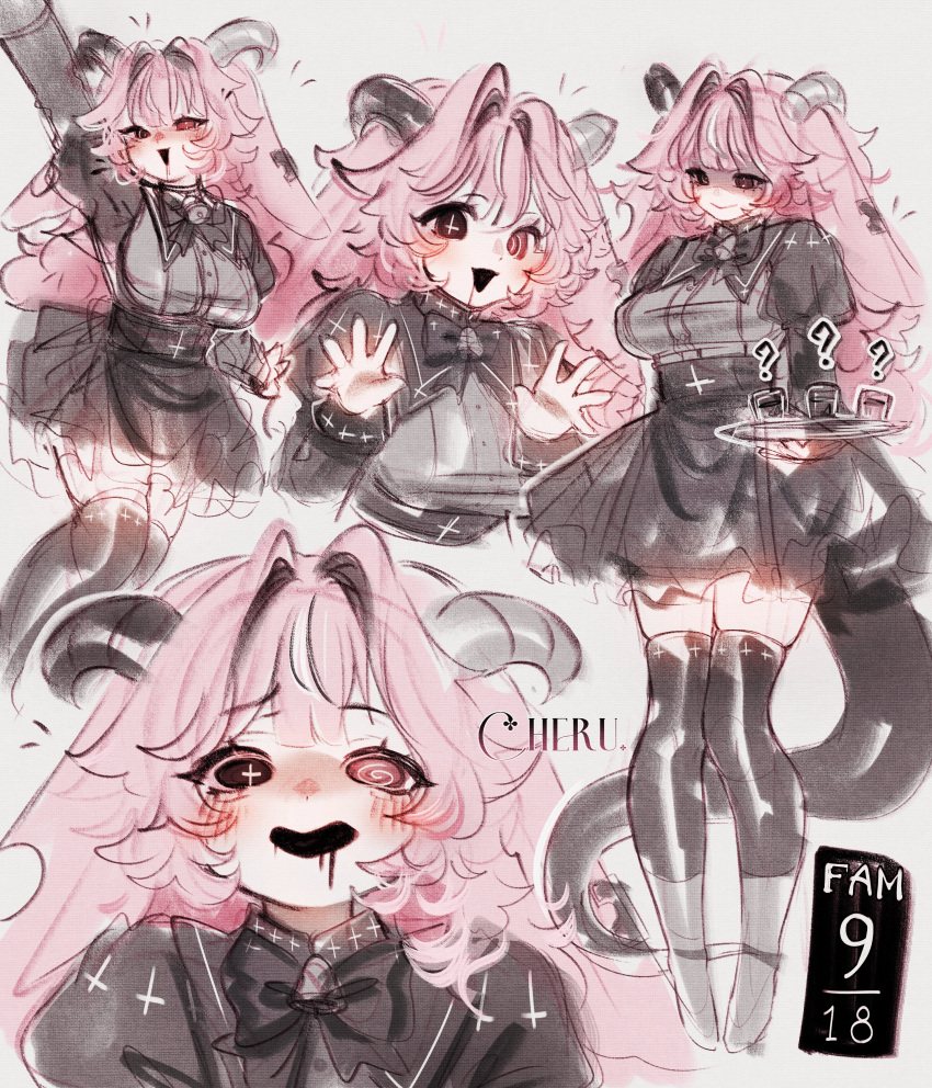 1girl, absurdres, animal_ears, arm_up, black_bow, black_bowtie, black_eyes, black_mouth