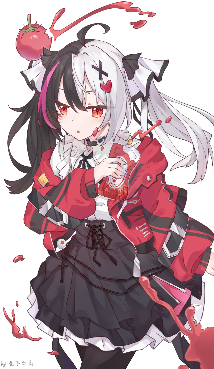 1girl, :o, absurdres, ahoge, artist_name, black_pantyhose, black_skirt, commentary_request