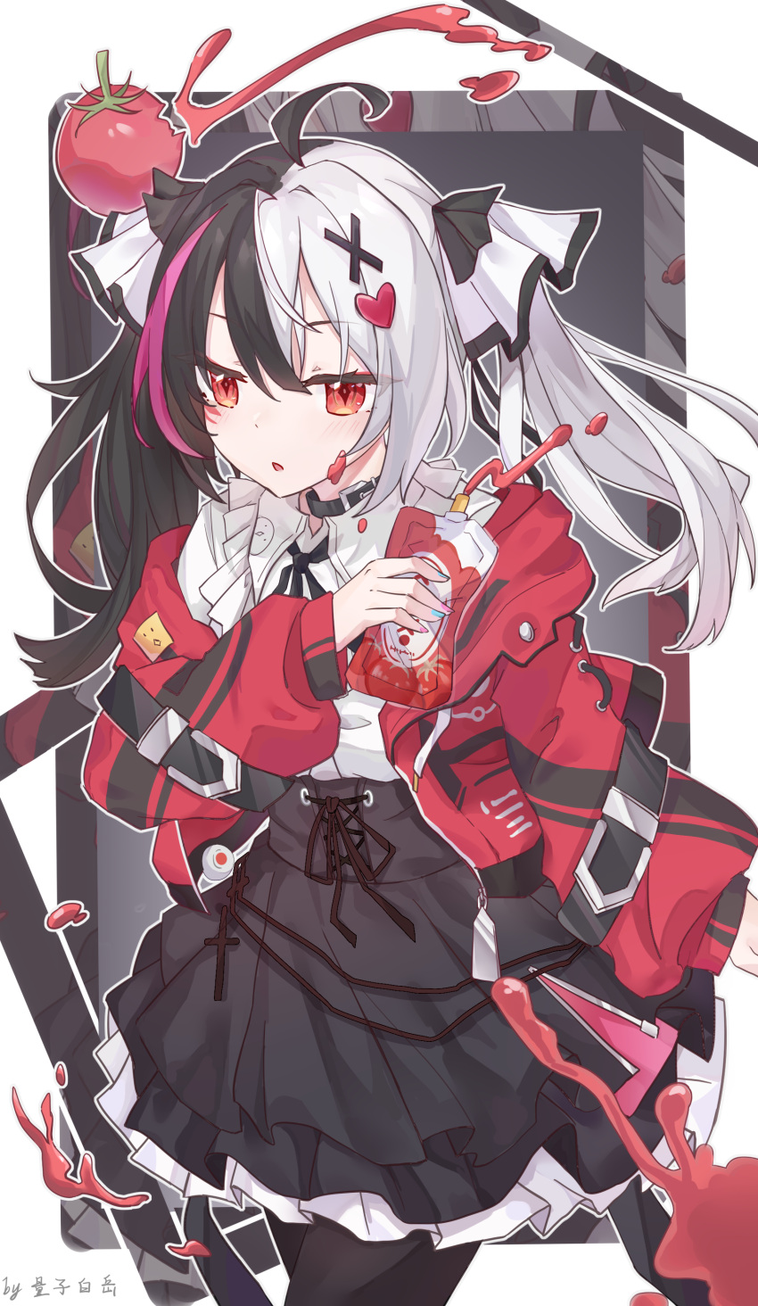1girl, :o, absurdres, ahoge, artist_name, black_pantyhose, black_skirt, commentary_request