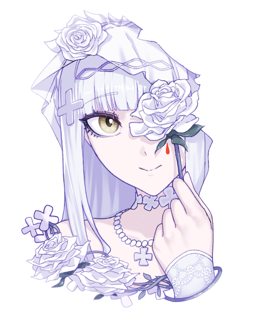 1girl, bridal_veil, character_request, choker, closed_mouth, commentary_request, cross, cross_hair_ornament