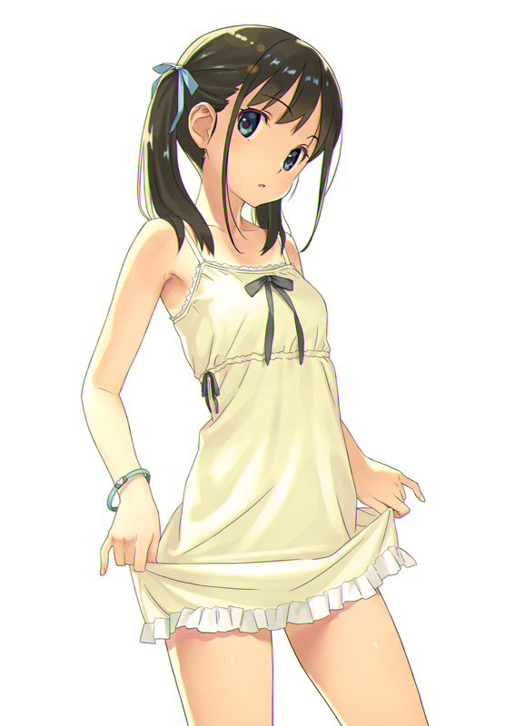1girl, :o, bracelet, brown_hair, character_request, chemise, choppy_bangs, commentary_request, copyright_request, cowboy_shot, green_chemise, grey_eyes, grey_ribbon, hair_ribbon, holding_own_dress, jewelry, koutaro, looking_at_viewer, medium_hair, parted_lips, ribbon, simple_background, solo, spaghetti_strap, standing, twintails, white_background