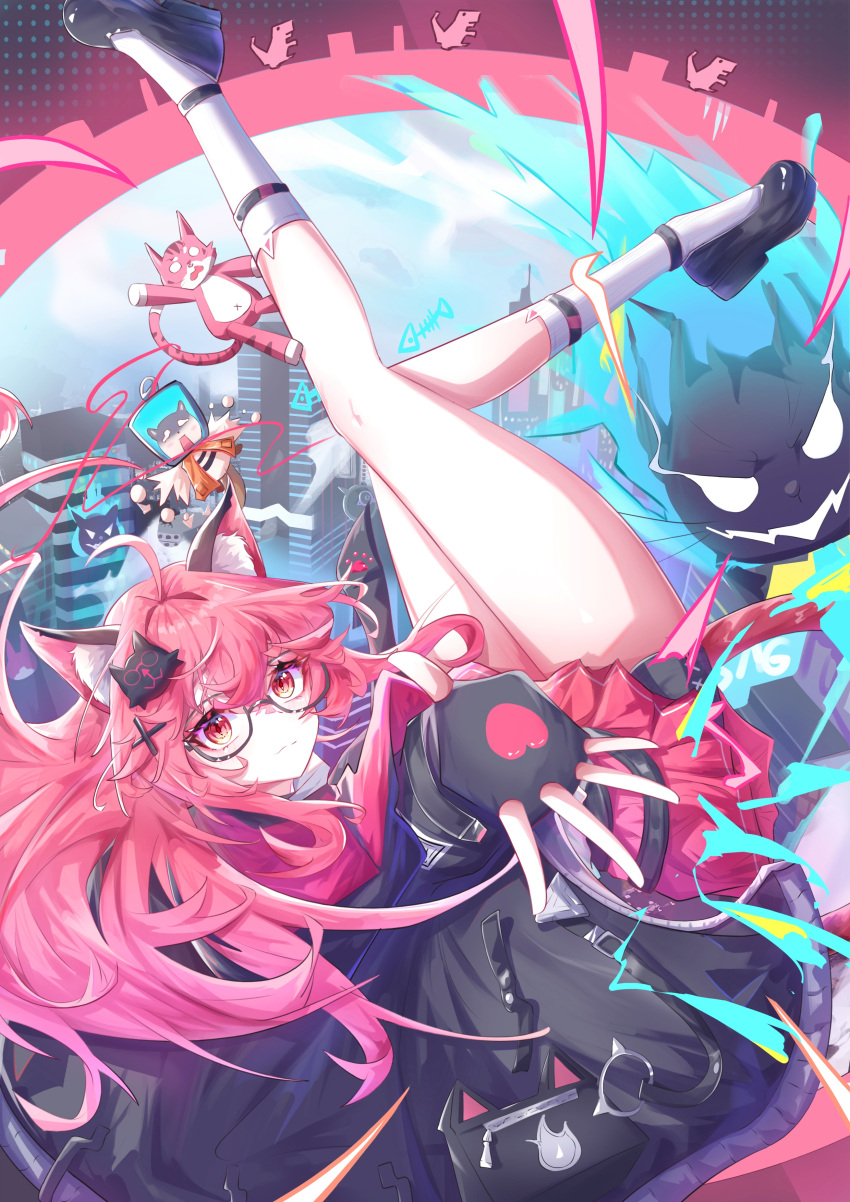1girl, absurdres, animal_ears, black-framed_eyewear, black_gloves, black_jacket, black_shoes, cat_ears