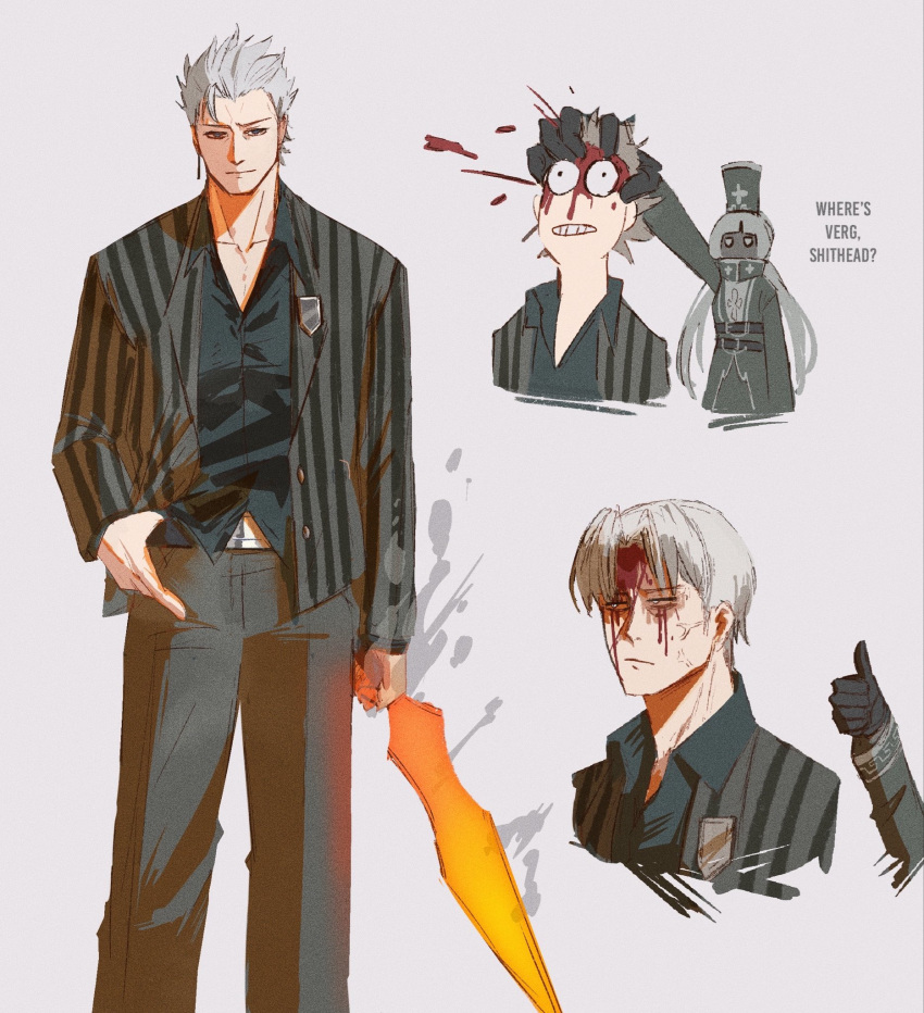 1boy, 1girl, blood, charon_(project_moon), cosplay, crossover, dark-skinned_female, dark_skin, devil_may_cry_(series), gladius, hat, highres, hvcassini98, limbus_company, long_hair, project_moon, sword, thumbs_up, veins, vergil_(devil_may_cry), vergilius_(project_moon), vergilius_(project_moon)_(cosplay), weapon, white_hair