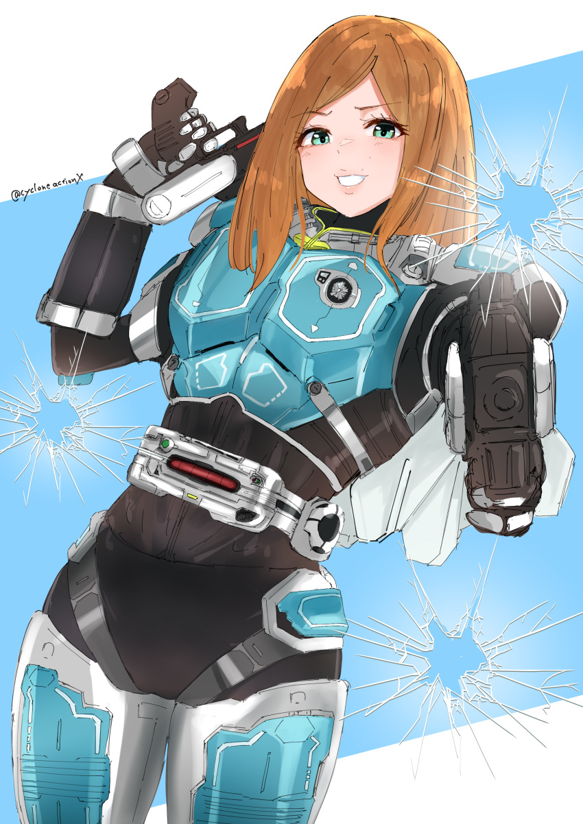 1girl, absurdres, agito:_psychic_war, aoi_ruriko, armor, belt, blue_armor, blush, brown_hair, commentary_request, cycloneactionx, gloves, green_eyes, gun, gyaru, handgun, helmet, highres, holding, holding_weapon, kamen_rider, kamen_rider_agito_(series), kamen_rider_g6, long_hair, looking_at_viewer, power_armor, rider_belt, simple_background, solo, tokusatsu, weapon