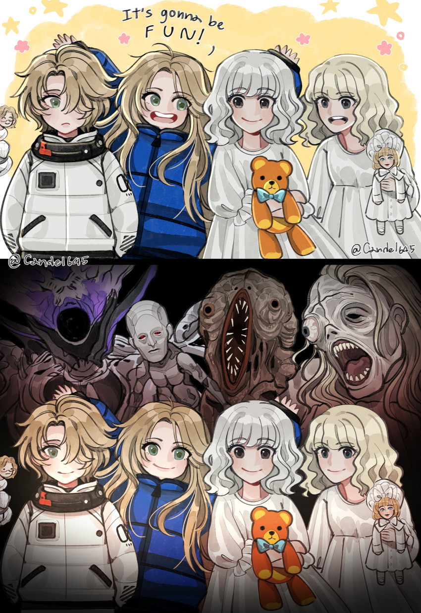 1boy, 5girls, :d, absurdres, android, aqua_eyes, arms_behind_back, arms_up