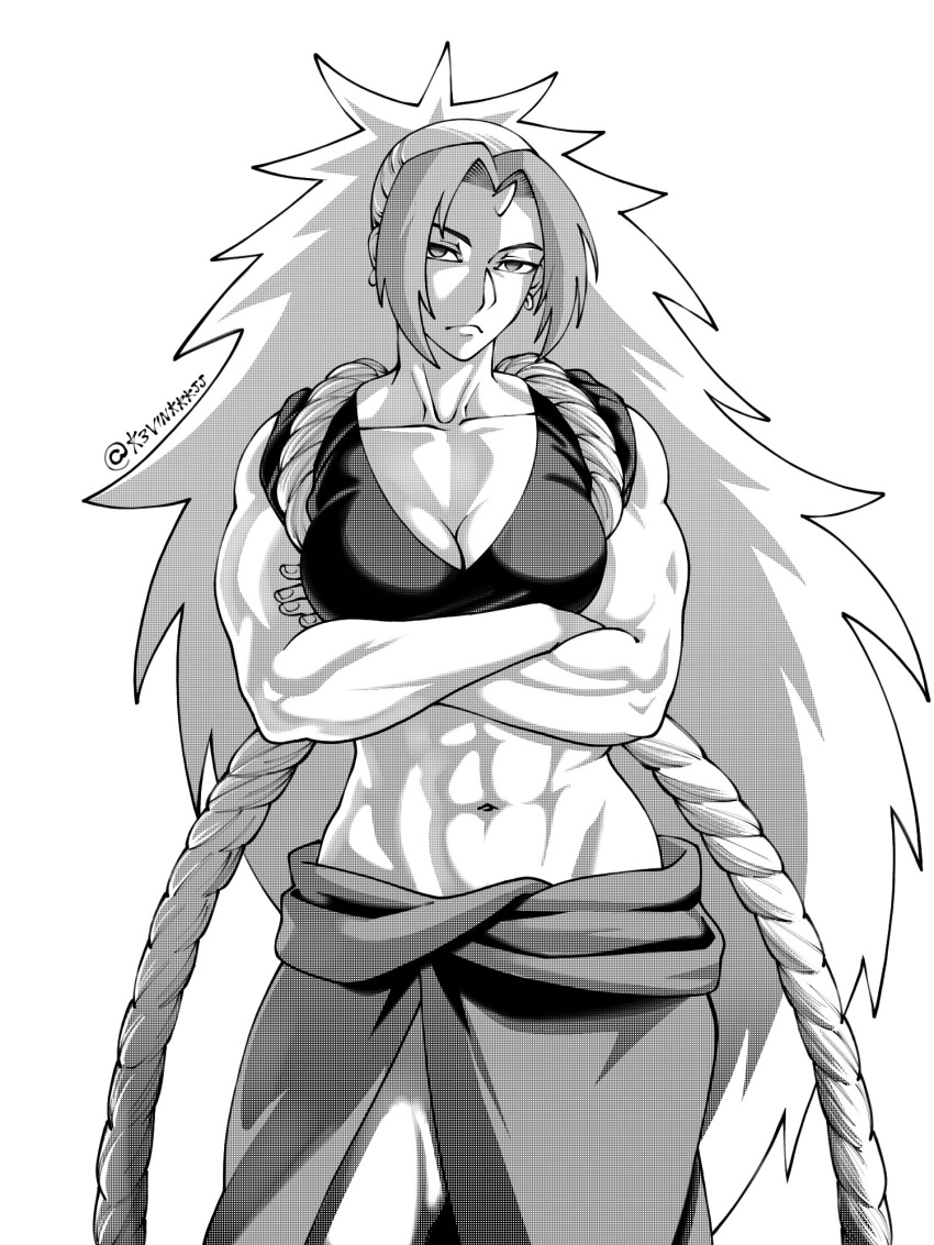 1girl, abs, arms_under_breasts, breasts, commentary, crossed_arms, earrings, frown