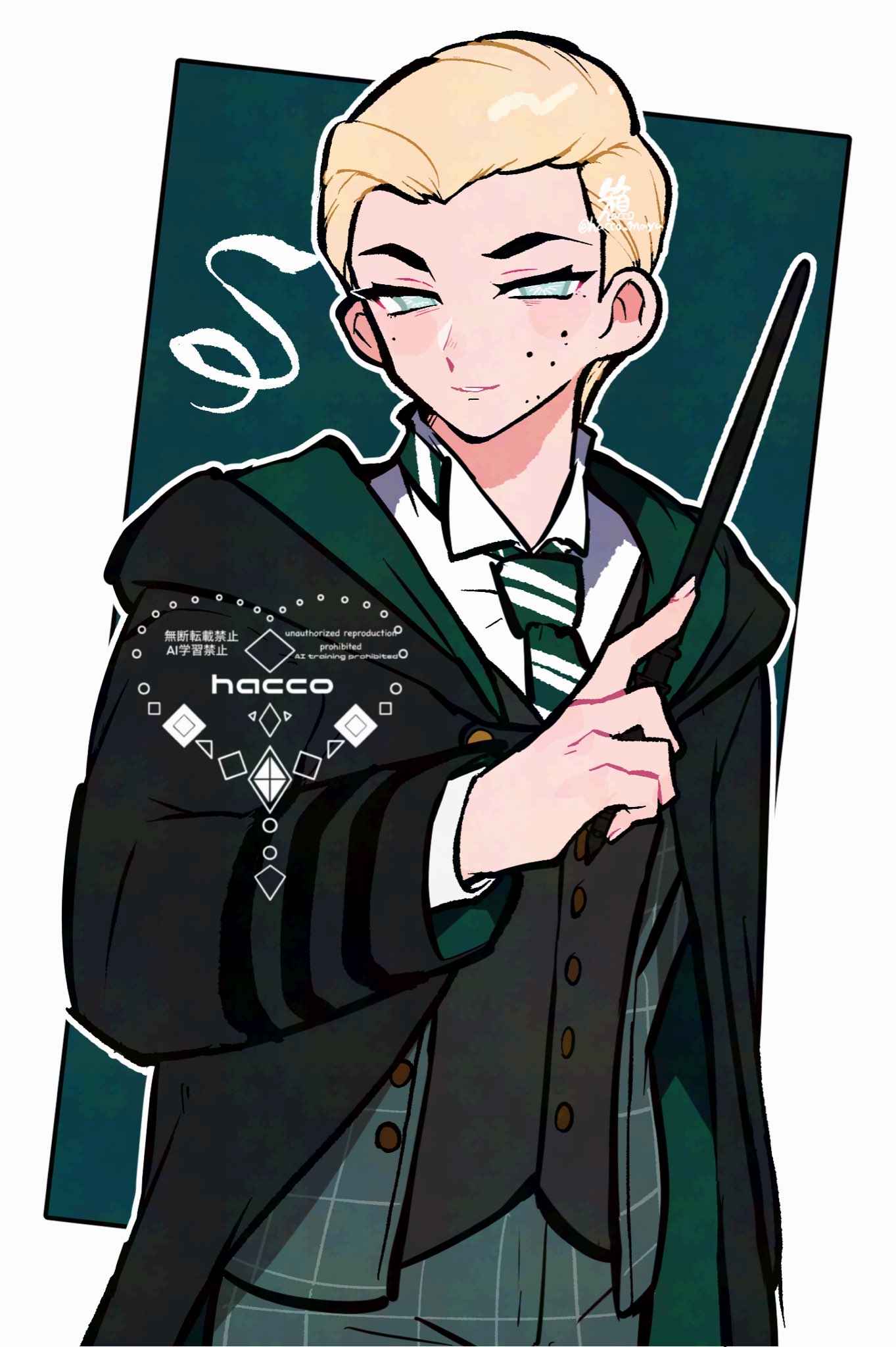 1boy, animification, black_robe, black_vest, blind, blonde_hair, collared_shirt, commentary_request