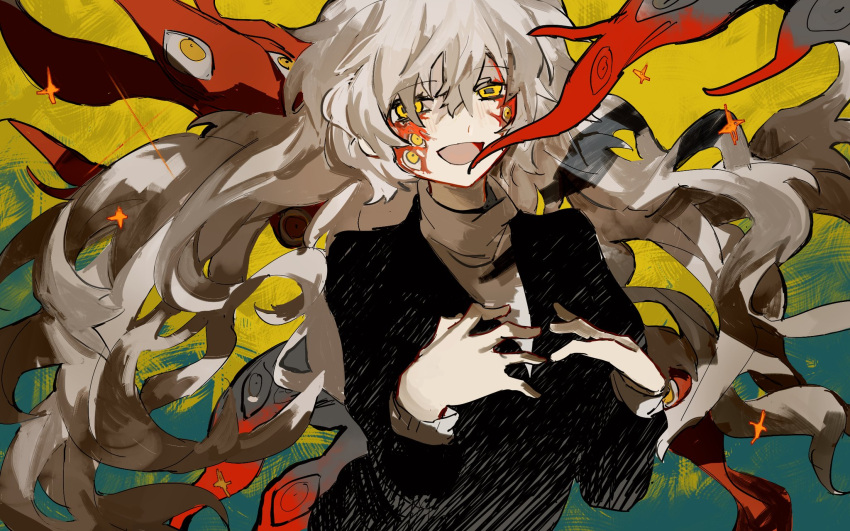 1girl, :d, aqua_background, black_dress, charlotte_wiltshire_(oracle), commentary, disembodied_linked_eye, dress