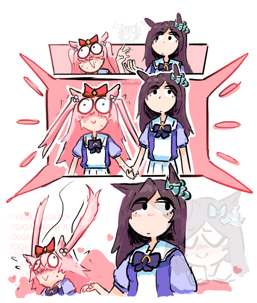 3girls, agnes_digital_(umamusume), animal_ears, artist_name, black_eyes, blush, bow, bowtie