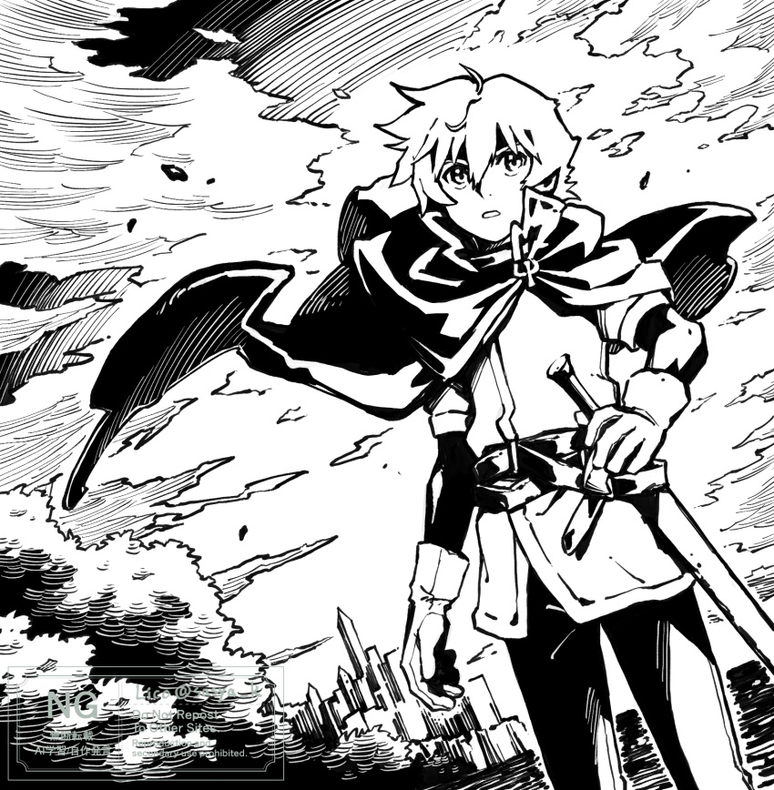 1boy, belt, cape, castle, clouds, commentary, cowboy_shot, deltora_quest