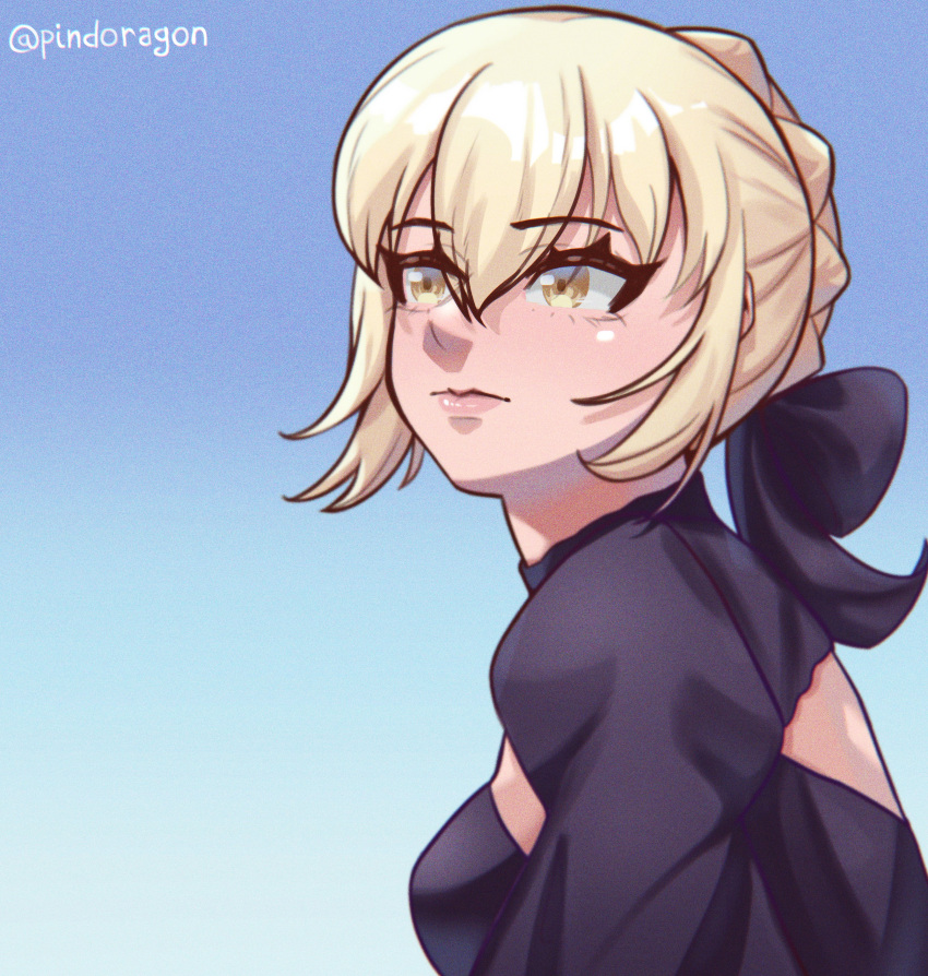 1girl, absurdres, alternate_costume, artist_name, artoria_pendragon_(fate), black_dress, black_ribbon, blonde_hair