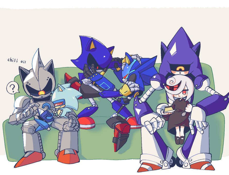 1girl, 5boys, black_dress, blush, chaos_sonic, claws, commentary_request, couch