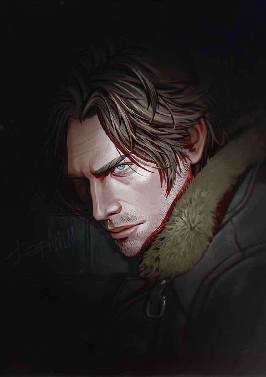 1boy, absurdres, aegyo_sal, beard_stubble, black_jacket, blue_eyes, brown_hair, dopanin, facial_hair, fur_trim, highres, jacket, leon_s._kennedy, looking_to_the_side, male_focus, narrowed_eyes, portrait, resident_evil, resident_evil_requiem, serious, short_hair, solo, stubble