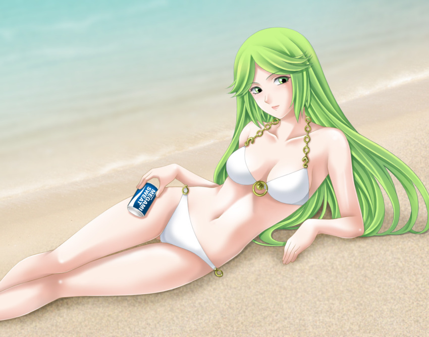 1girl, armpits, beach, bikini, brand_name_imitation, breasts, cleavage, green_eyes