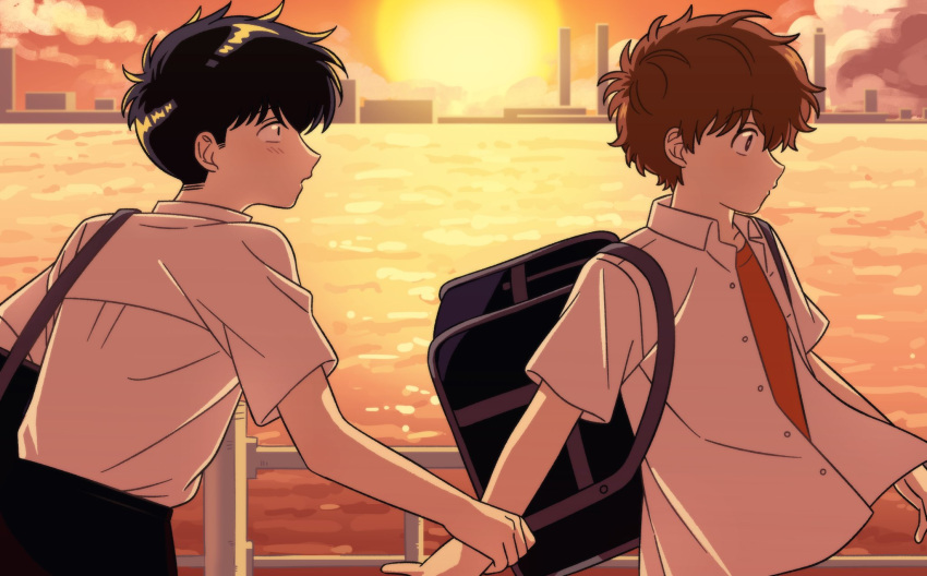 2boys, bag, black_hair, blush, brown_eyes, brown_hair, buttons, canon_event