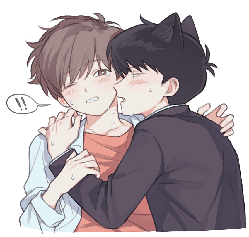 !, 2boys, animal_ears, bite_mark, bite_mark_on_neck, blush, brown_eyes, brown_hair, cat_boy, cat_ears, commentary_request, cropped_torso, gakuran, ganbare!_nakamura-kun!!, highres, hirose_aiki, looking_at_another, male_focus, multiple_boys, nakamura_okuto, one_eye_closed, orange_shirt, rabbit_whatever, school_uniform, shirt, short_hair, sideburns, simple_background, spoken_exclamation_mark, t-shirt, undershirt, upper_body, white_background, white_shirt