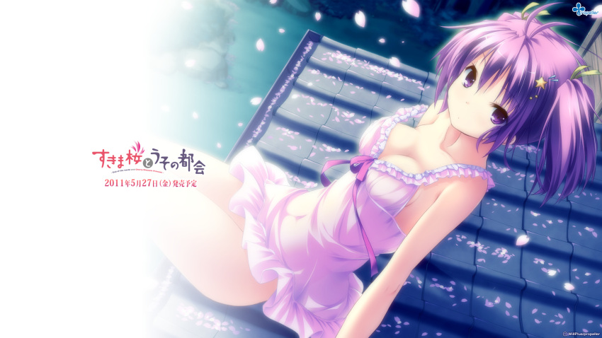 amahane_chiyoko, breasts, camisole, cleavage, dress, highres, looking_at_viewer, off_shoulder, propeller, purple_eyes, purple_hair, refeia, short_hair, strap_slip, sukima_sakura_to_uso_no_machi, sukima_zakura_to_uso_no_machi, wallpaper