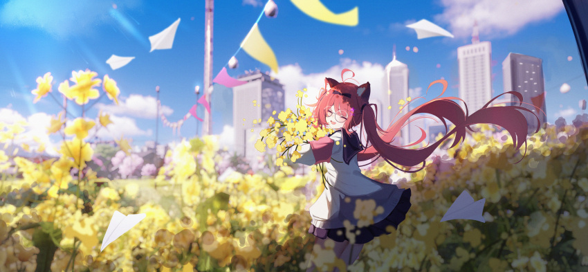1girl, absurdres, aged_down, ahoge, animal_ears, armband, banner, black_bow, black_ribbon, black_sailor_collar, blue_sky, bow, building, closed_eyes, clouds, commentary, dress, facing_viewer, flower, hair_bow, hair_ornament, hair_ribbon, hands_up, highres, holding, holding_flower, micho_(ryty2833), nanally_(neverness_to_everness), neverness_to_everness, open_mouth, outdoors, paper_airplane, red_armband, ribbon, sailor_collar, sky, standing, string_of_flags, tiger_ears, tiger_girl, twintails, white-framed_eyewear, white_dress, x_hair_ornament, yellow_flower