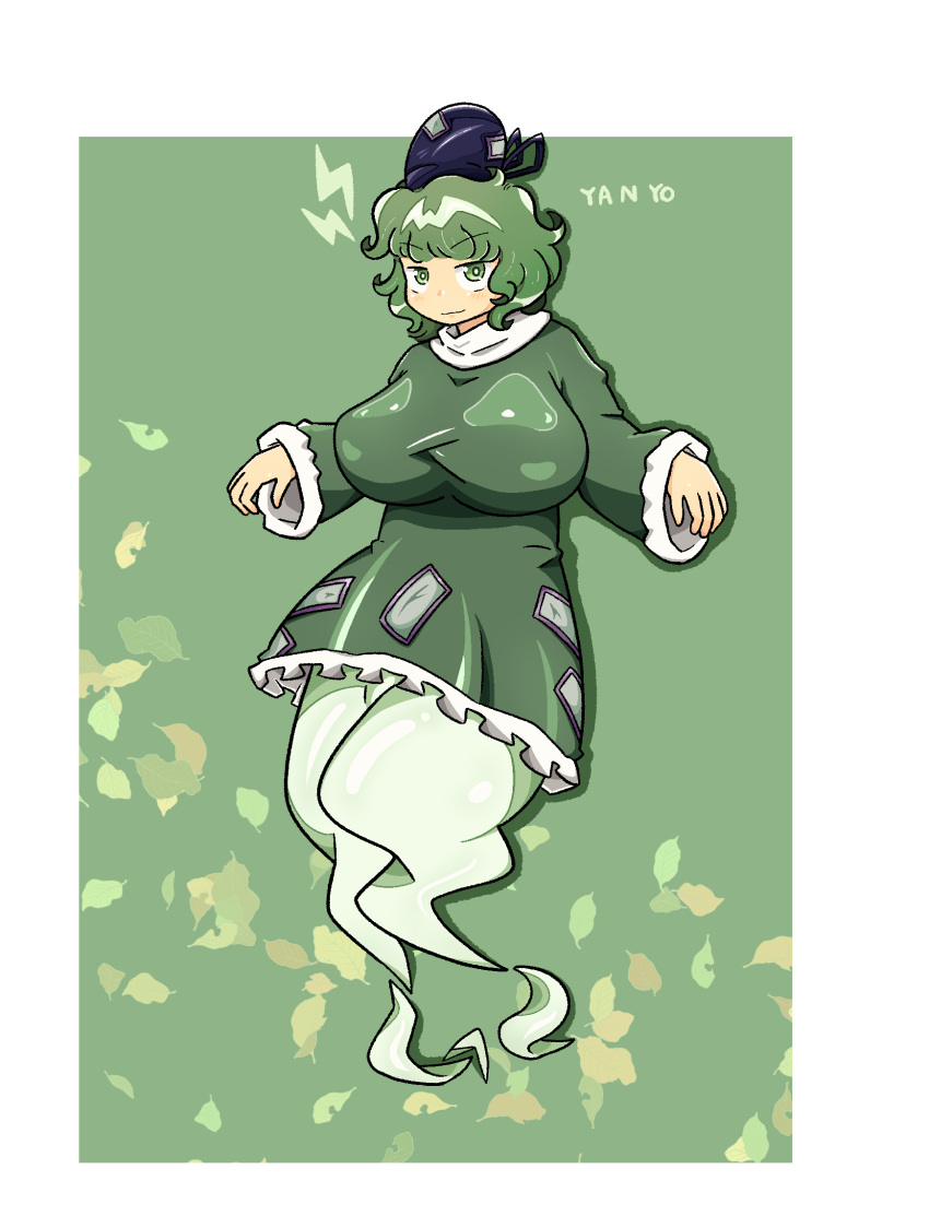 1girl, black_hat, breasts, bright_pupils, closed_mouth, commentary_request, dress, full_body, ghost_tail, green_background, green_dress, green_eyes, green_hair, hat, highres, kansou_wakame, large_breasts, lightning_bolt_symbol, long_sleeves, looking_at_viewer, ofuda, ofuda_on_clothes, short_hair, soga_no_tojiko, solo, tate_eboshi, touhou, wavy_hair, white_pupils, yatteyan'yo