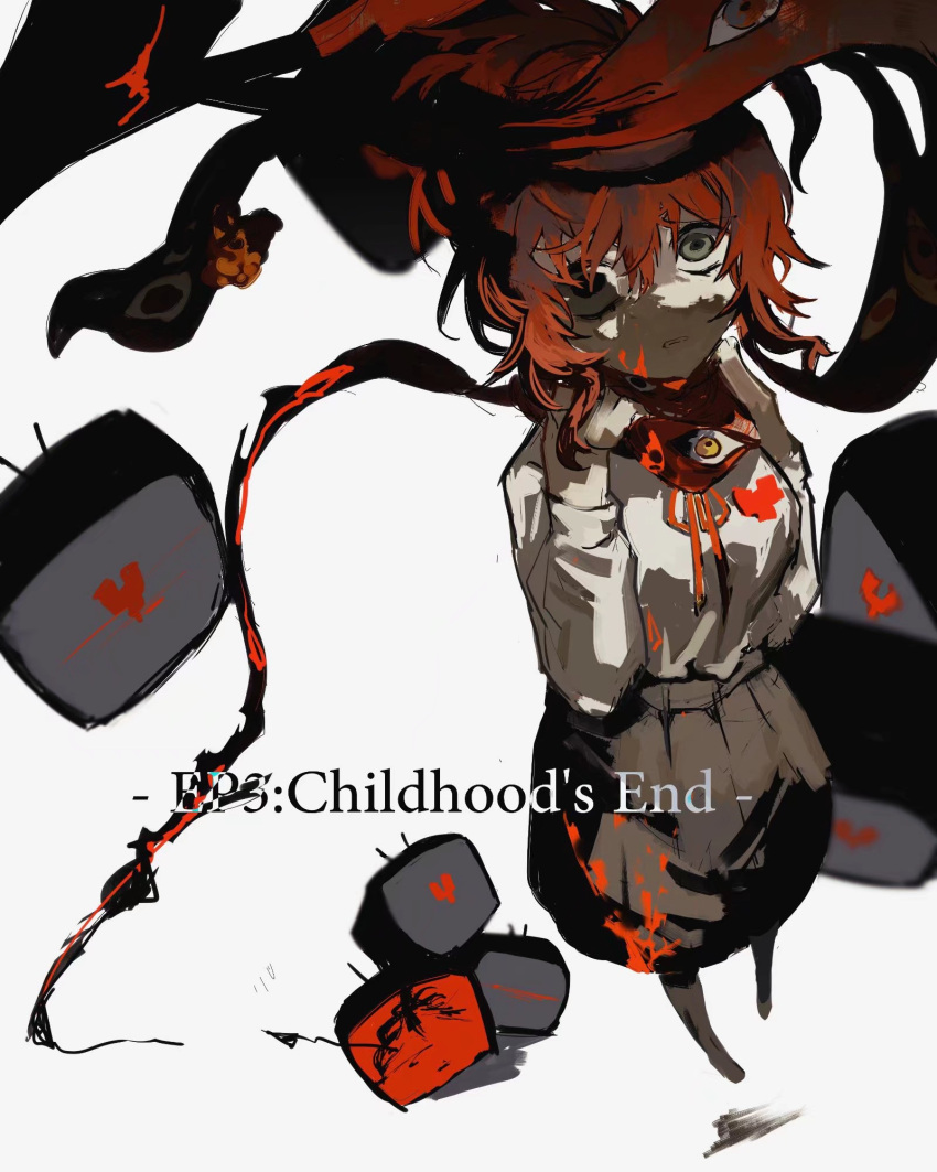 1girl, black_pantyhose, black_skirt, blood, blurry, blurry_background, breasts, commentary