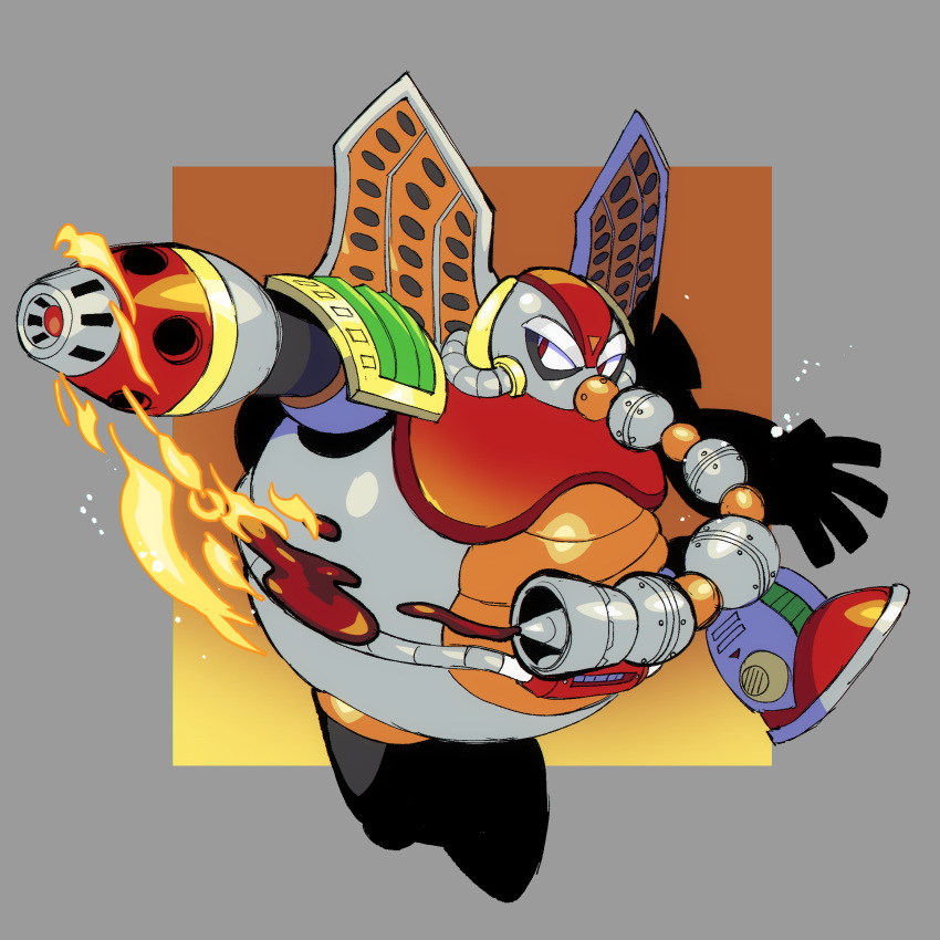 1boy, arm_cannon, armor, drawloverlala, fire, flame_mammoth_(mega_man), full_body, highres
