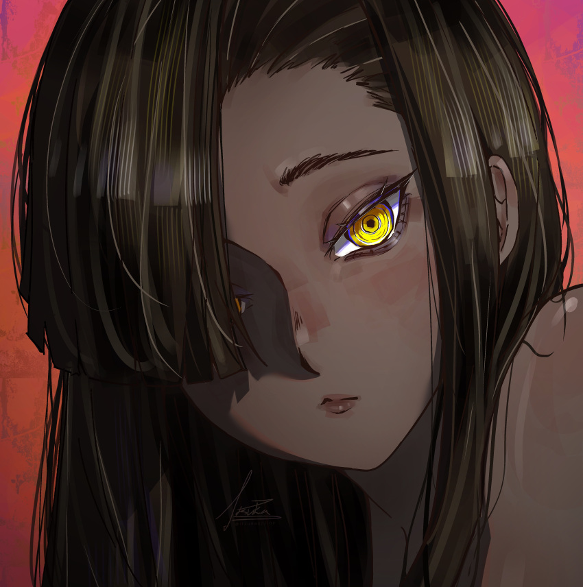 1girl, absurdres, asymmetrical_bangs, black_hair, blunt_bangs, close-up, closed_mouth, commentary