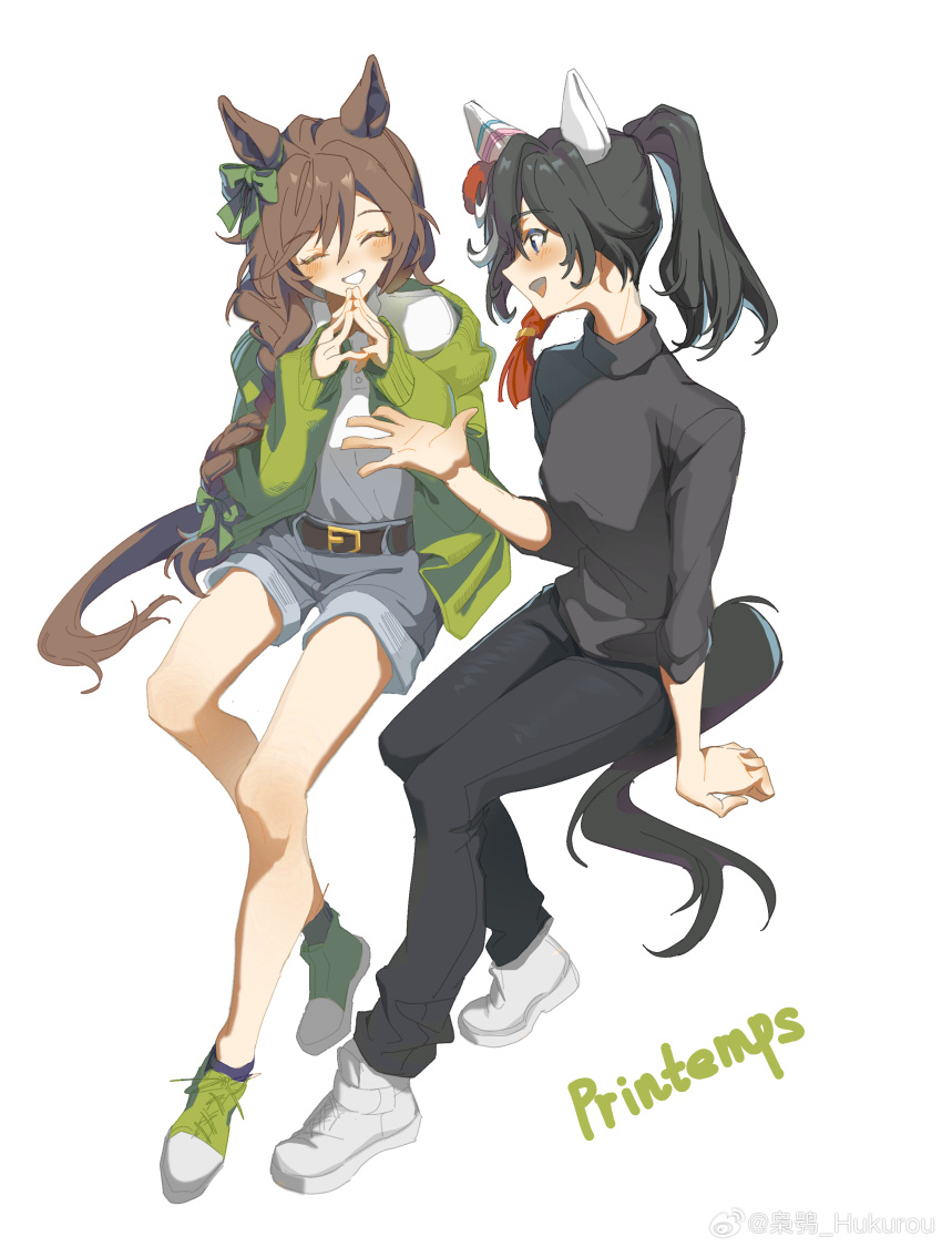 2girls, absurdres, alternate_hairstyle, animal_ears, belt, black_hair, black_pants, black_shirt, blue_eyes, blue_shorts, blue_socks, bow, braid, breasts, brown_hair, ear_bow, ear_covers, green_jacket, green_shoes, grin, hair_bow, highres, horse_ears, horse_girl, horse_tail, hukurou96, invisible_chair, jacket, katsuragi_ace_(umamusume), long_hair, long_sleeves, mr._c.b._(umamusume), multiple_girls, open_clothes, open_jacket, open_mouth, pants, ponytail, shirt, shirt_tucked_in, shoes, short_hair, shorts, sideways_mouth, simple_background, sitting, small_breasts, smile, sneakers, socks, steepled_fingers, tail, umamusume, watermark, weibo_watermark, white_background, white_shirt, white_shoes
