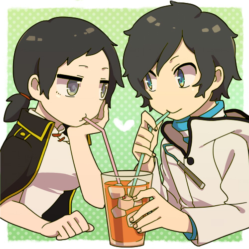 1girl, bad_id, black_hair, blue_eyes, couple, devil_survivor_(series), devil_survivor_2, digital_media_player