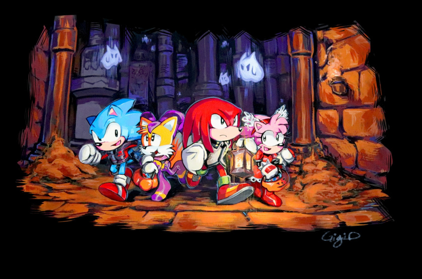 1girl, 3boys, :d, amy_rose, animal_ears, animal_nose, artist_name, black_border