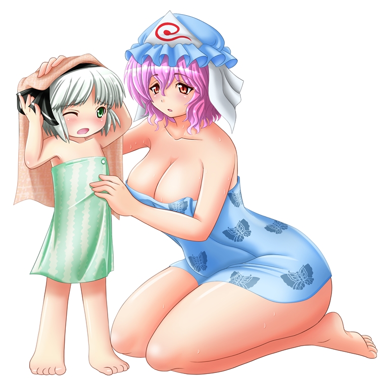 barefoot, breasts, child, green_eyes, green_hair, hairband, hat, konpaku_youmu