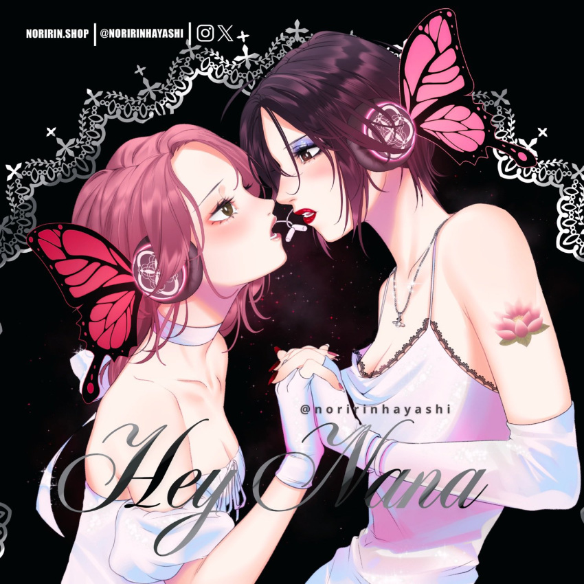 2girls, arm_tattoo, artist_name, black_background, black_eyes, black_hair, blue_eyeshadow, brown_hair