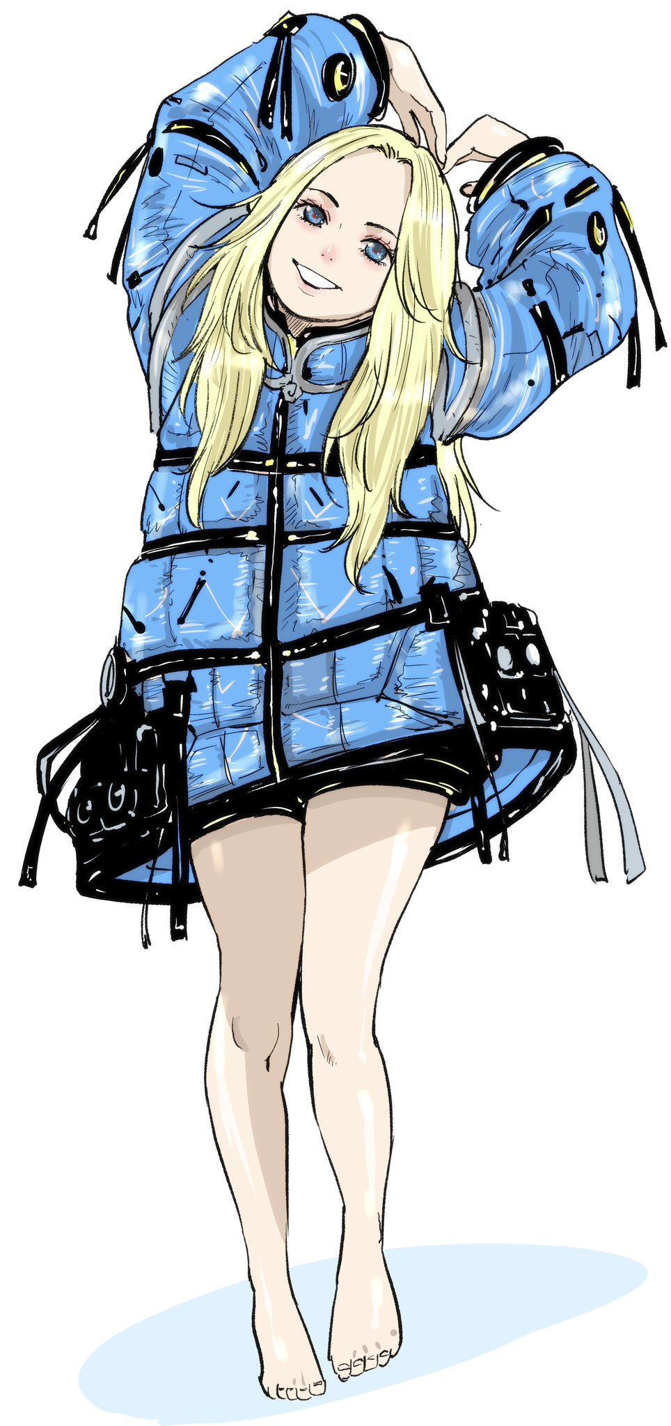1girl, arms_up, barefoot, blonde_hair, blue_coat, coat, commentary_request, diana_(pragmata)