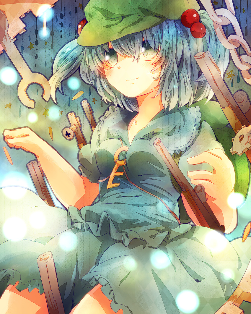 backpack, bad_id, bag, blue_eyes, blue_hair, dress, hair_bobbles, hair_ornament