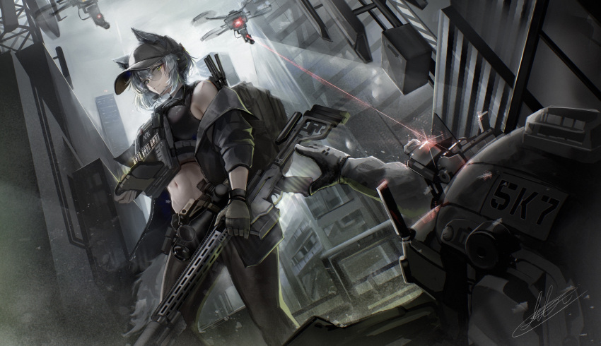 1girl, animal_ears, arktic, assault_rifle, baseball_cap, battle_rifle, black_gloves, black_pants