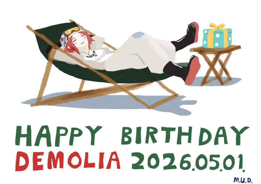 1girl, 2026, absurdres, black_boots, blush, boots, bow, chair, character_name, closed_eyes, closed_mouth, commentary_request, crossed_legs, demolia_(path_to_nowhere), folding_chair, folding_table, gift, goggles, goggles_on_headwear, grey_hat, grey_jacket, grey_pants, happy_birthday, hat, highres, jacket, jewelry, m.u.d., necklace, pants, path_to_nowhere, red_hair, ribbon, shirt, sleeping, table, tinted_eyewear, white_shirt, yellow-tinted_eyewear, yellow_bow, yellow_ribbon