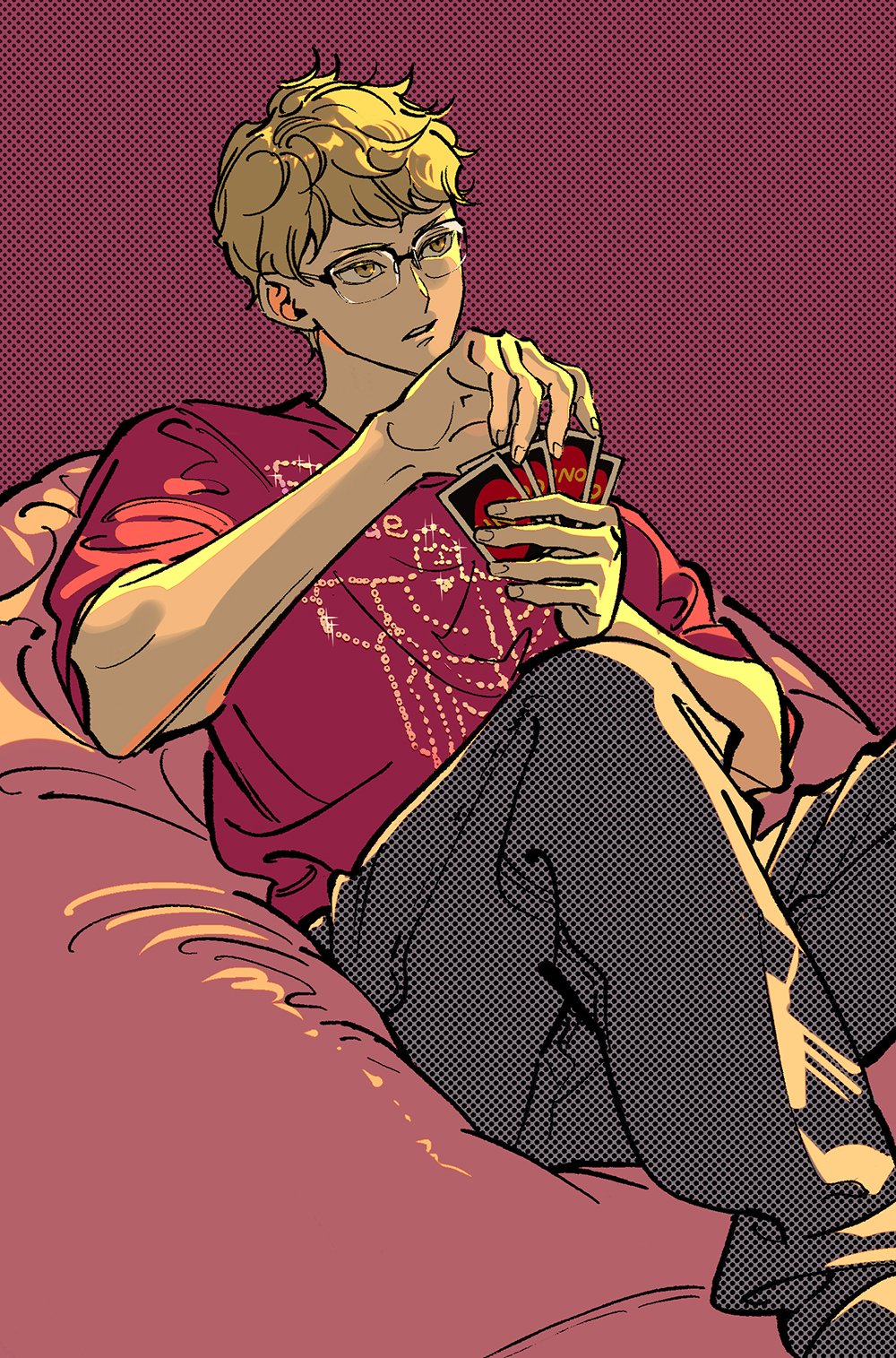 1boy, black-framed_eyewear, blonde_hair, chinese_commentary, christ_the_redeemer, closed_mouth, commentary_request, glasses