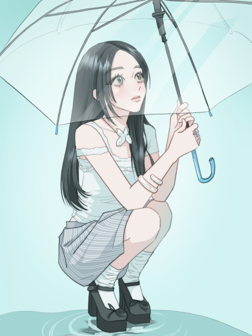 1girl, animification, armlet, black_hair, black_shoes, blue_background, blue_eyes, blush, cho_mi-yeon, collarbone, flat_chest, grey_skirt, highres, holding, holding_umbrella, i-dle, jewelry, k-pop, kim_jangjong, looking_up, parted_lips, pink_lips, platform_heels, real_life, ripples, shirt, shoes, skirt, socks, squatting, striped_clothes, striped_skirt, umbrella, vertical-striped_clothes, vertical-striped_skirt, white_shirt, white_socks