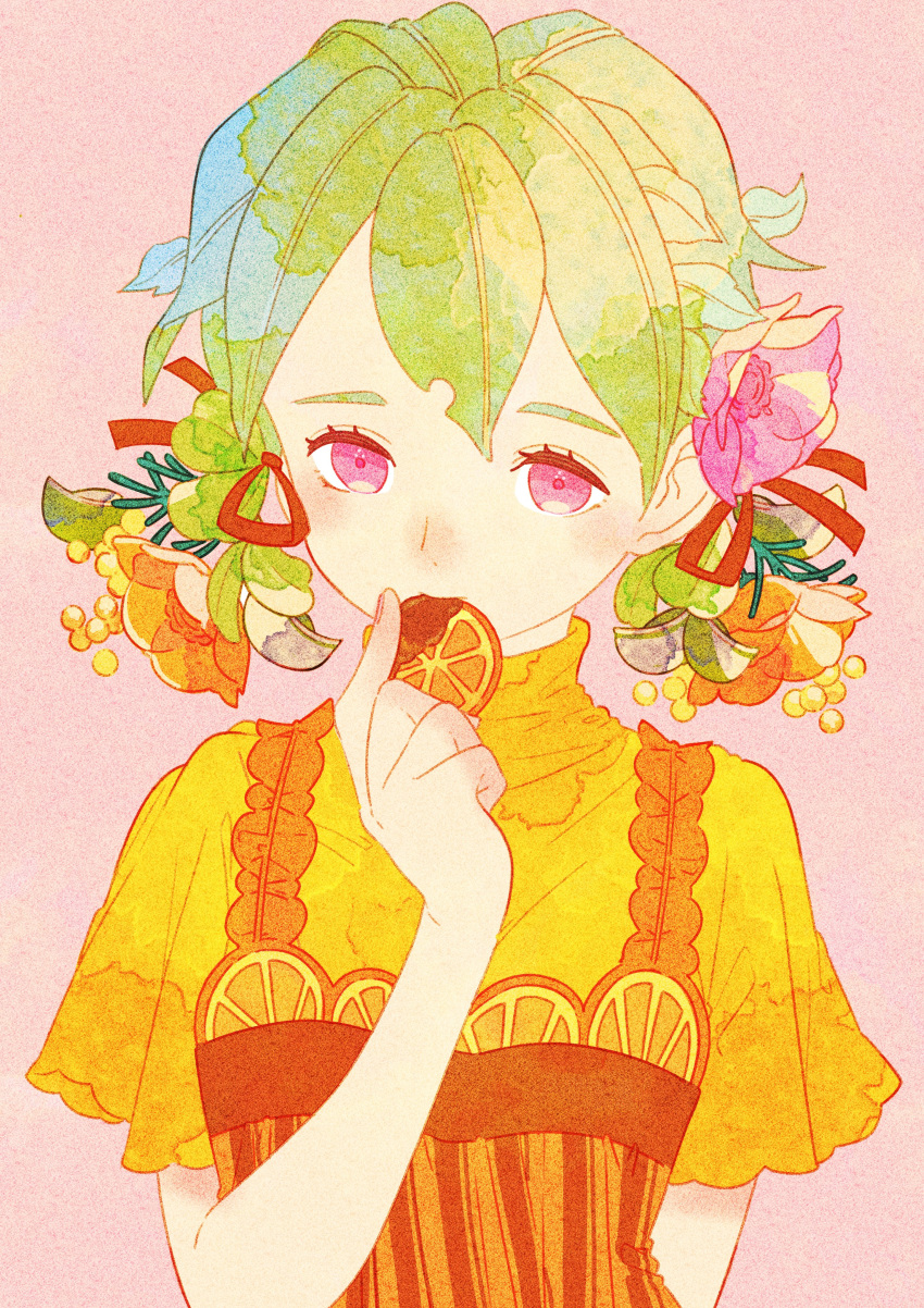 1girl, absurdres, biting, commentary_request, dress, eating, flower, food