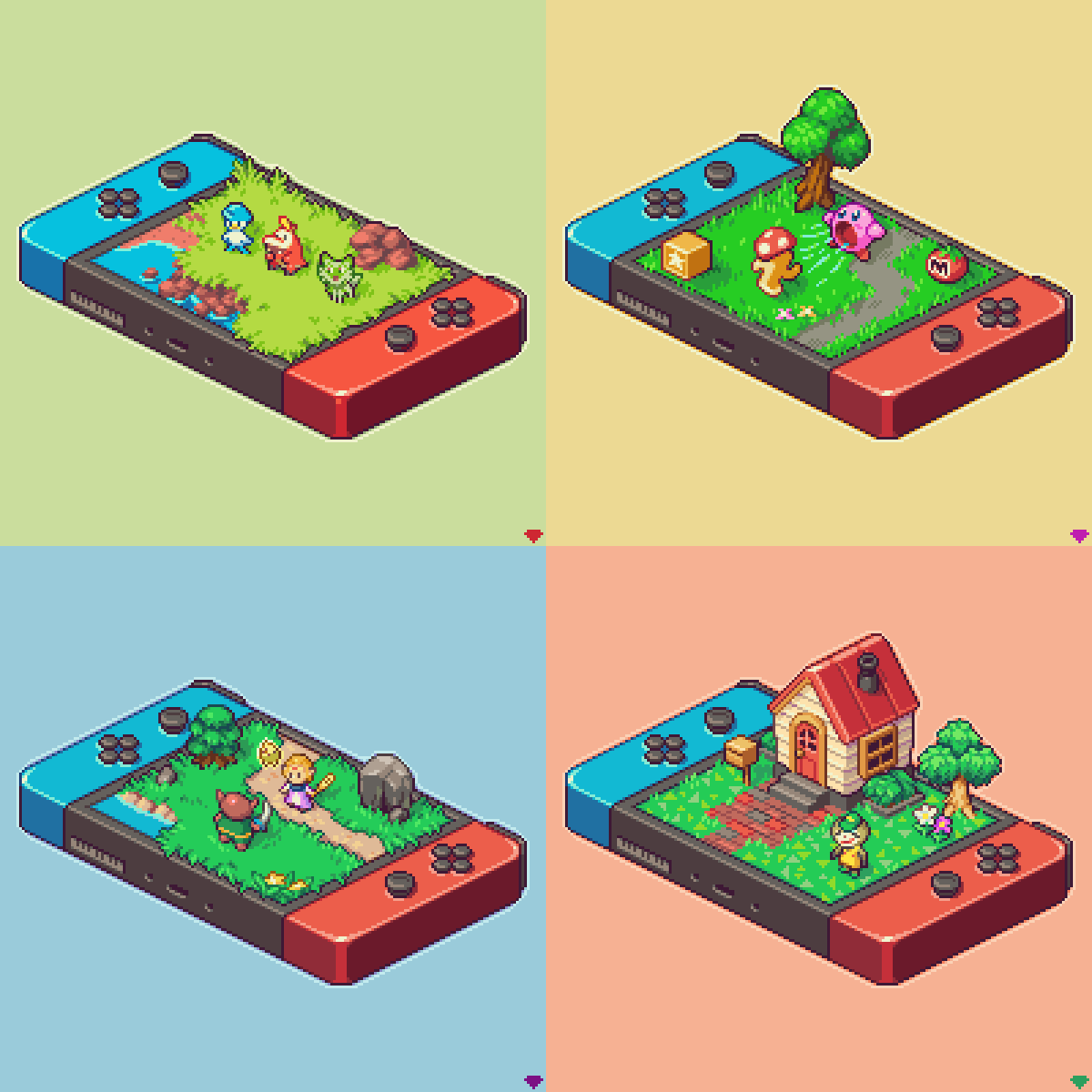1boy, 1girl, 1other, animal_crossing, animal_crossing:_new_horizons, box, cappy_(kirby), commentary