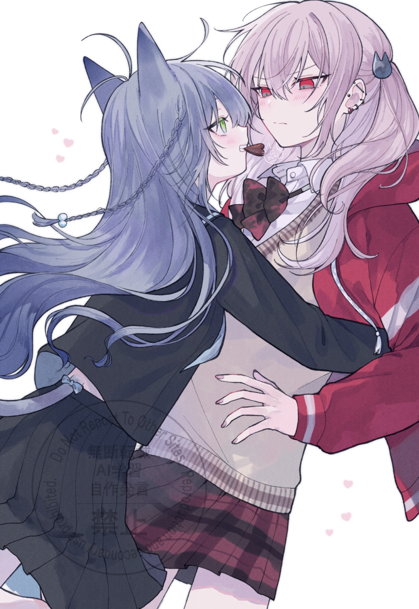 1boy, 1girl, animal_ears, black_serafuku, black_skirt, blue_hair, blush, bow