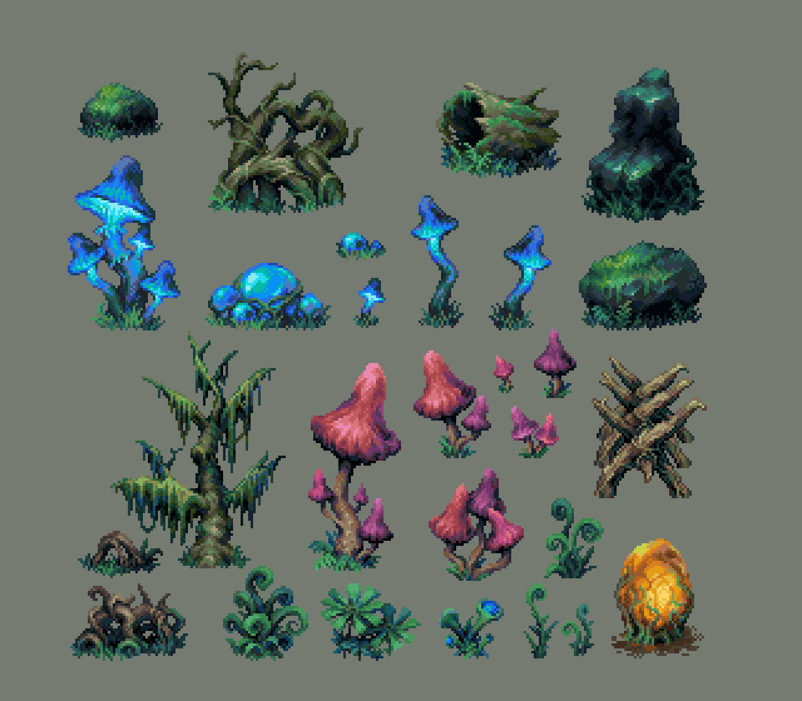 commentary, english_commentary, fern, glowing_mushroom, grey_hair, highres, log, moss