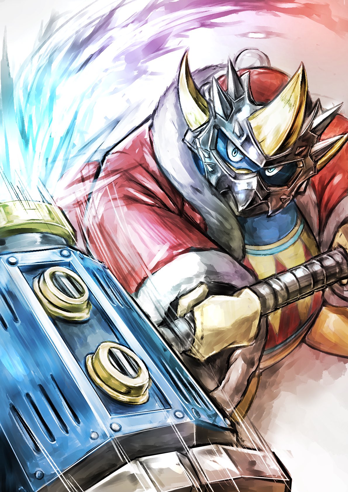 1boy, blue_eyes, coat, commentary_request, full_body, gomikerasu, hammer, highres