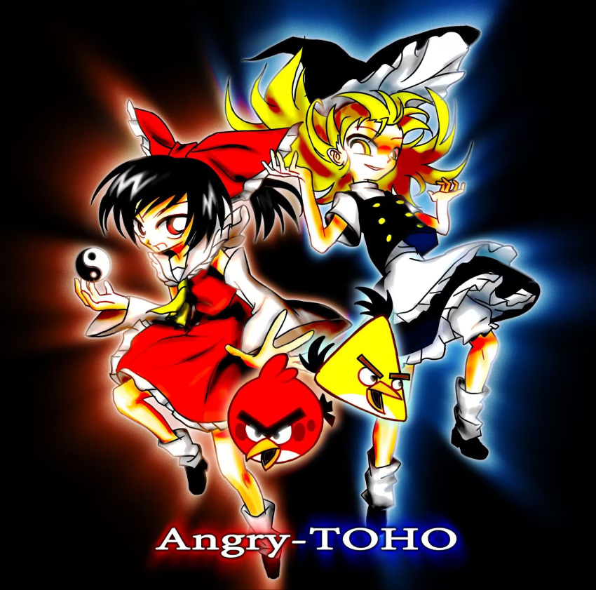 2girls, 2others, angry_birds, ascot, black_background, black_hair, black_hat, black_shoes, blonde_hair, bobby_socks, bow, chuck_(angry_birds), crossover, fabit609, full_body, hair_bow, hakurei_reimu, hat, highres, kirisame_marisa, looking_at_viewer, multiple_girls, multiple_others, orb, red_(angry_birds), red_bow, red_eyes, shoes, smile, socks, touhou, white_socks, witch_hat, yellow_ascot, yellow_eyes, yin_yang, yin_yang_orb