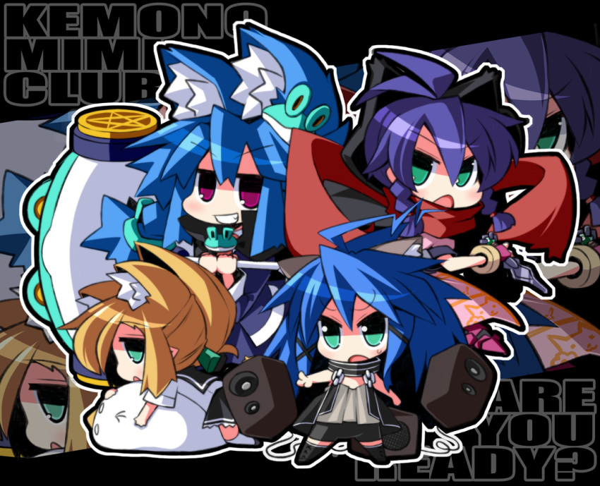 animal_ears, bael_(dango_mushi), blonde_hair, blue_hair, chibi, crazy_developers, creature, english