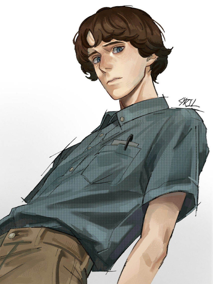 1boy, 3:, adam's_apple, adam_lanza, aged_down, arched_back, arms_at_sides, artist_name, bare_arms, blue_eyes, blue_shirt, brown_hair, brown_pants, buttons, closed_mouth, collared_shirt, commentary, cowboy_shot, cyril_1214, english_commentary, expressionless, from_below, from_side, frown, furrowed_brow, gradient_background, grey_background, hair_behind_ear, highres, ibispaint_(medium), lips, looking_at_viewer, looking_down, male_focus, nostrils, object_in_pocket, pants, pen, pen_in_pocket, photo-referenced, plaid_clothes, plaid_shirt, pocket, real_life, shirt, shirt_tucked_in, short_hair, short_sleeves, simple_background, solo, standing, true_crime, two-tone_background, very_short_hair, white_background