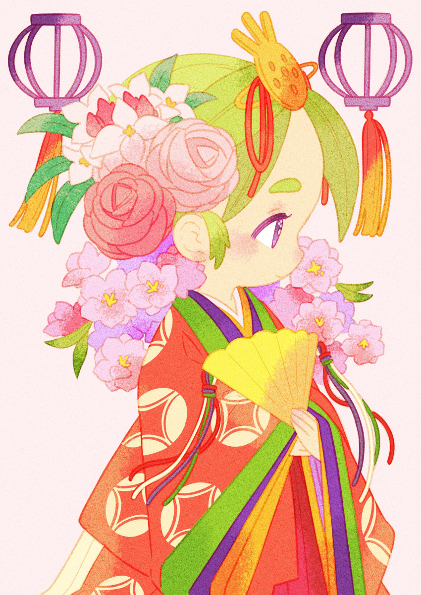 absurdres, child, closed_mouth, commentary_request, flower, folding_fan, from_side, green_hair
